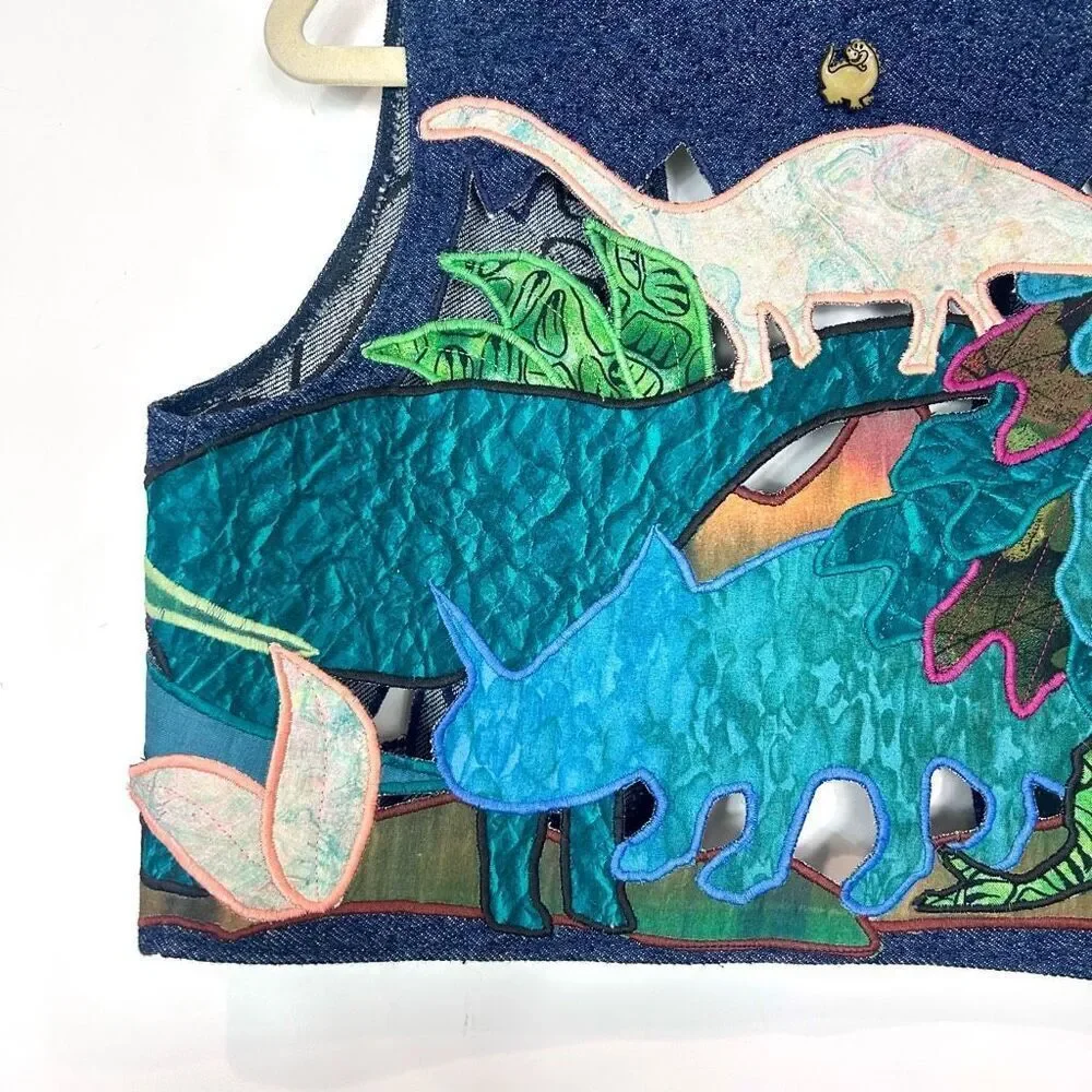 Vintage Handmade Dino Vest Kids Embroidered Blue western Applique Dinosaur Denim - Picture 6 of 10